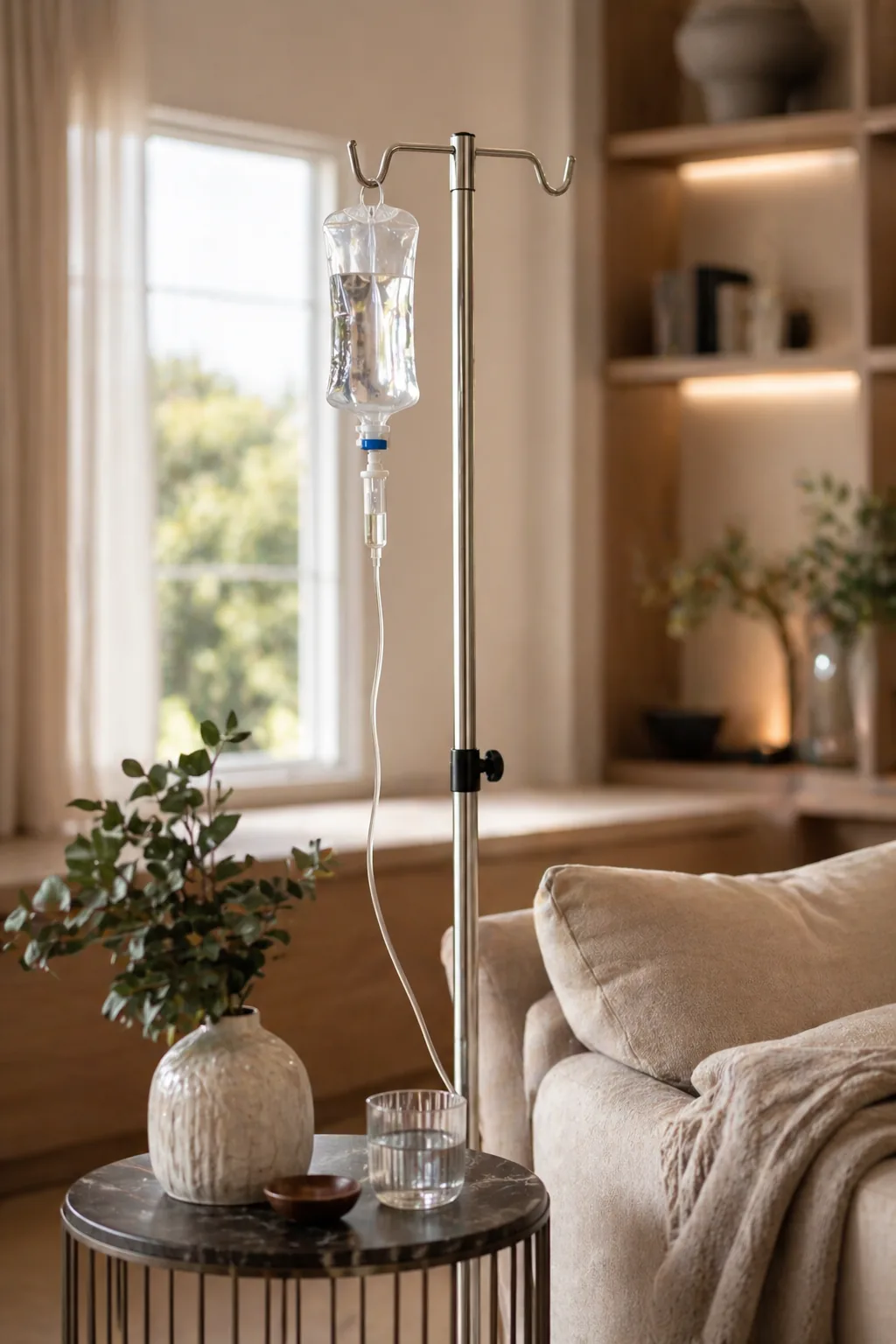 Minimal IV therapy setup in a warm residential environment