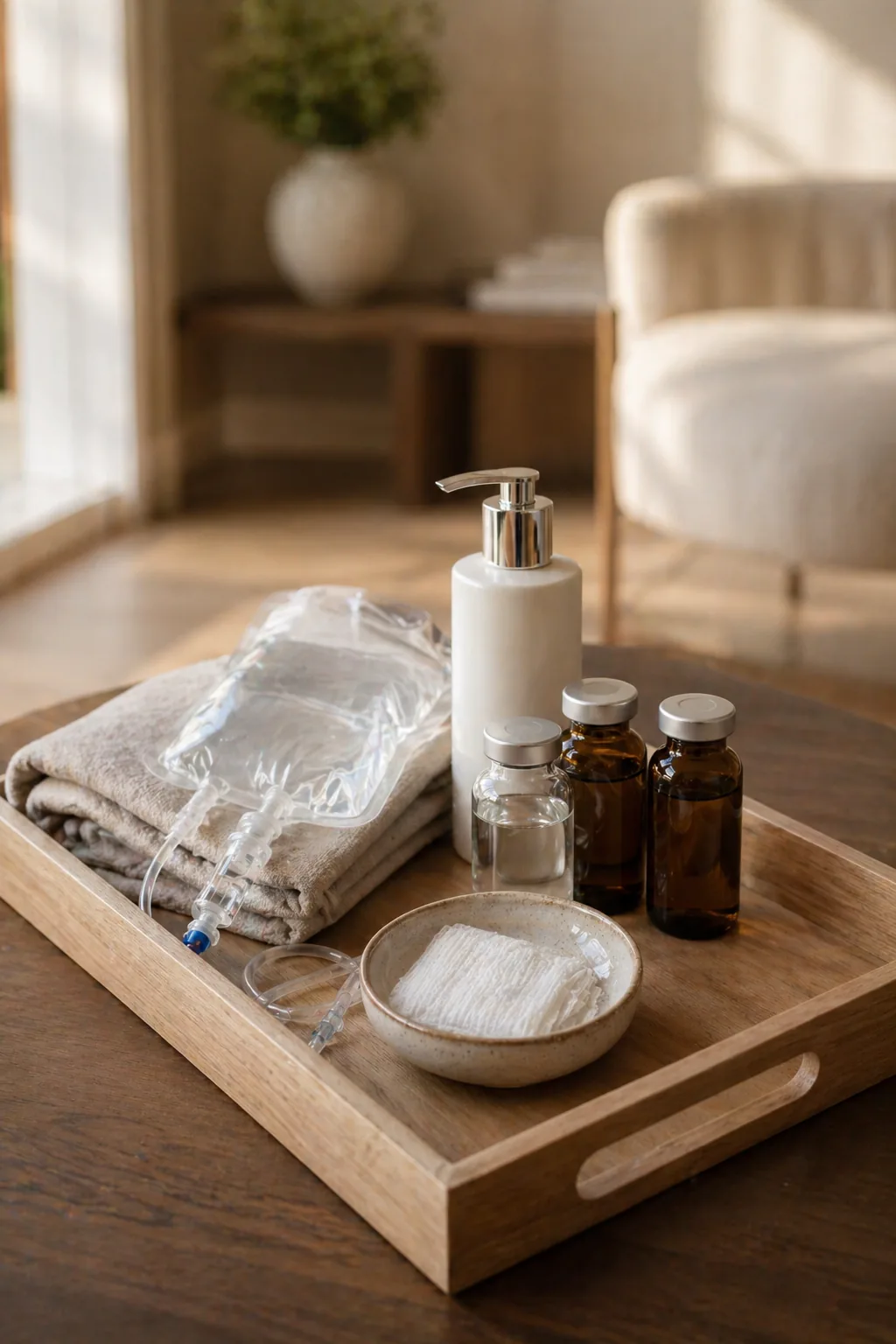 Curated IV therapy wellness supplies arranged in a home setting