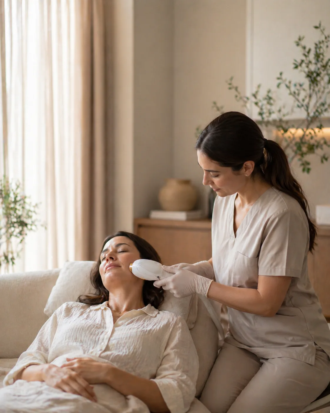 Provider performing an IPL photofacial treatment on a patient's face in a calm in-home setting.