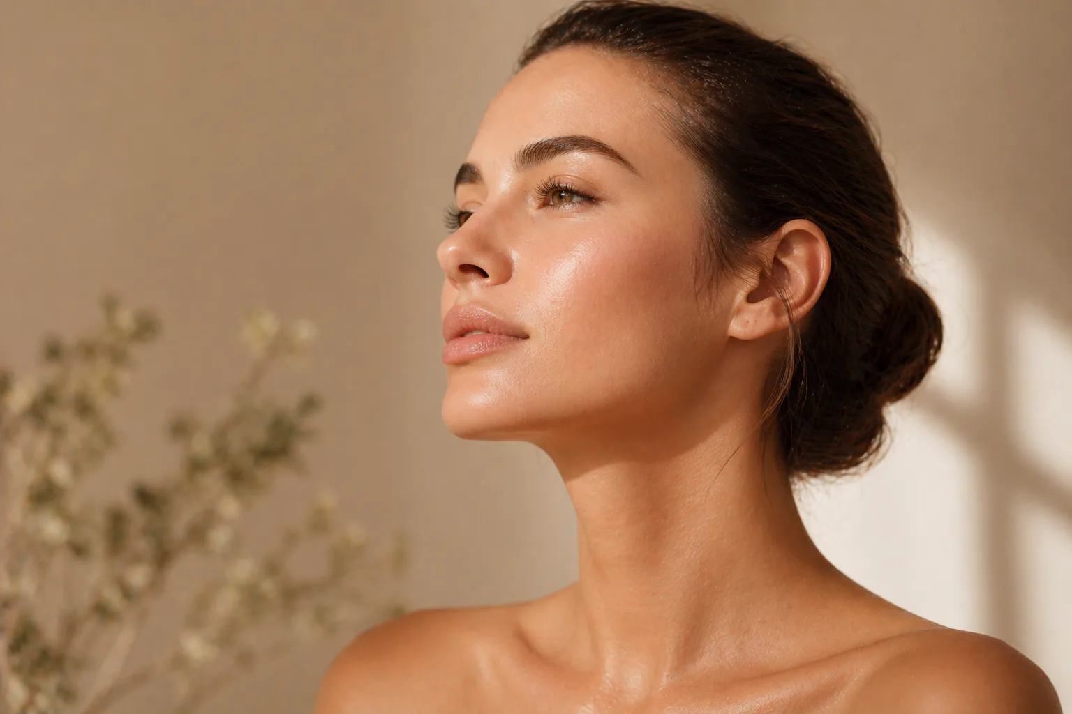 Close-up of luminous, hydrated skin in soft warm light with a premium regenerative skincare aesthetic.