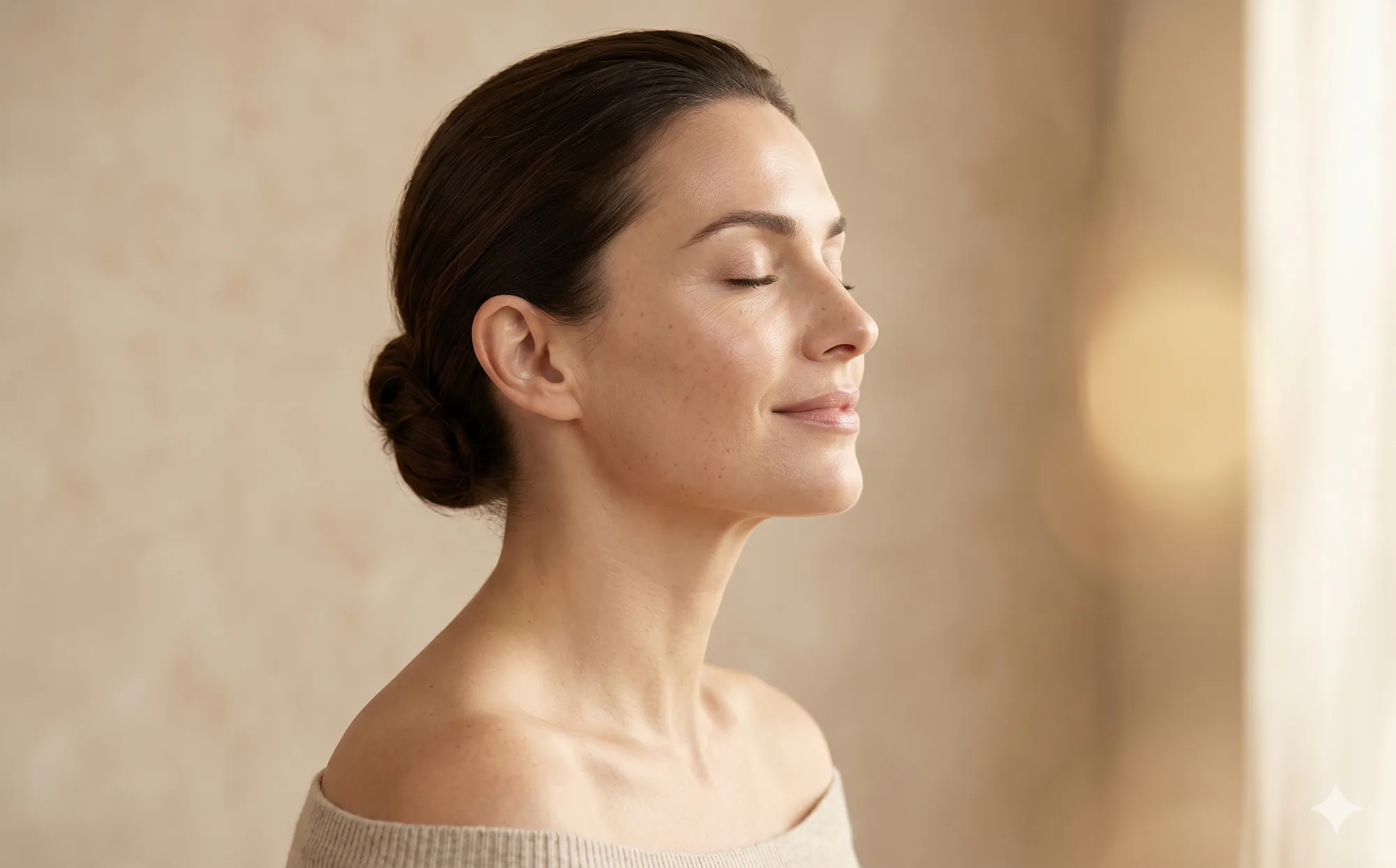 Calm beauty portrait showing luminous skin and natural radiance.