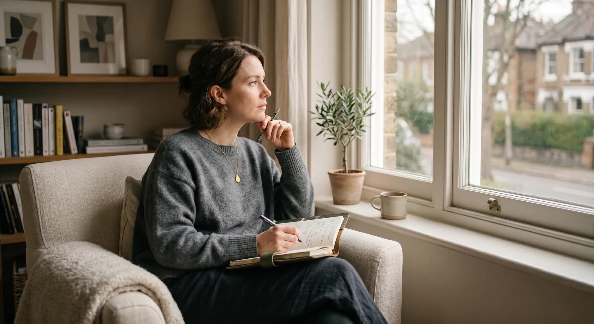 Reflective moment in a private home setting for a medical weight loss concierge program.